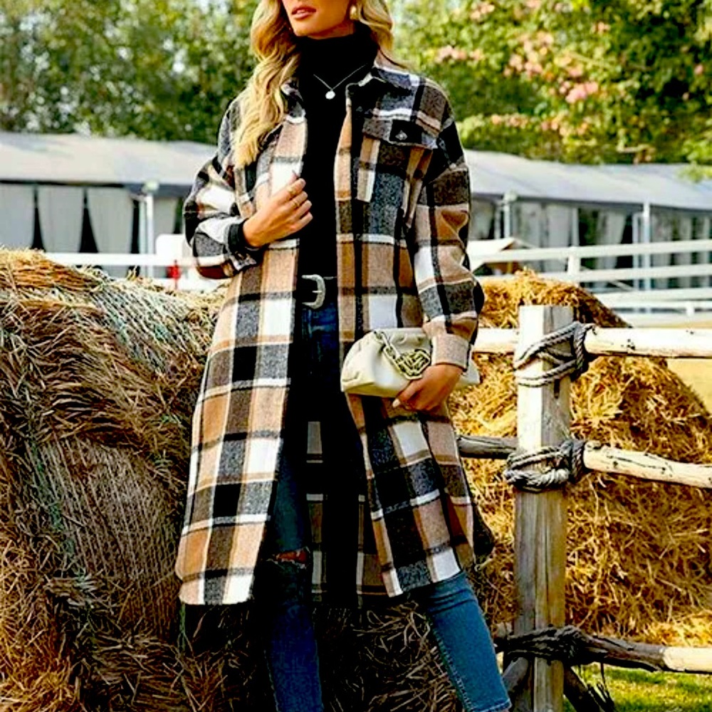 ZOWODO Khaki & Black Plaid Oversize Side-Slit Pocket Shacket XL retail $159.00